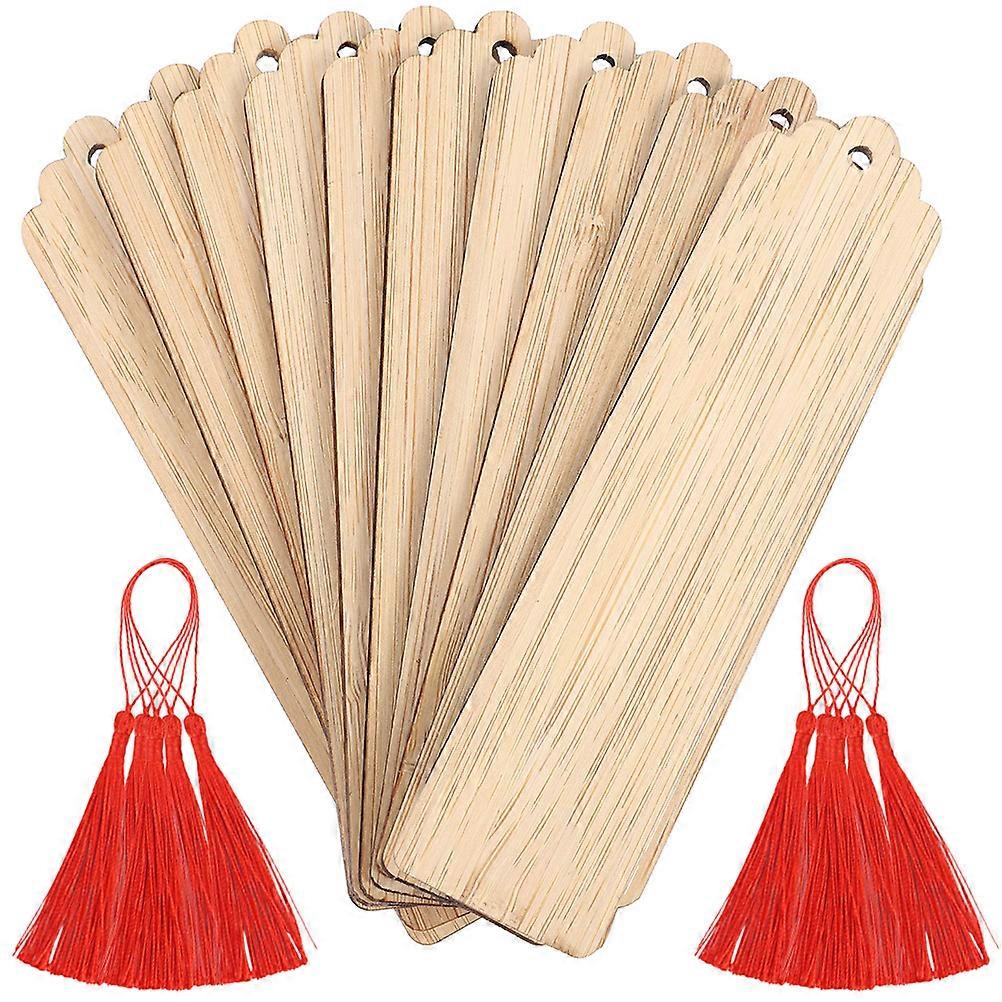 Wooden Bookmarks 10 Sets with Blank Tags and Red Tassels – Handmade Engraved Page Markers for Scrapbooking, Gifts, and Reading Accessories