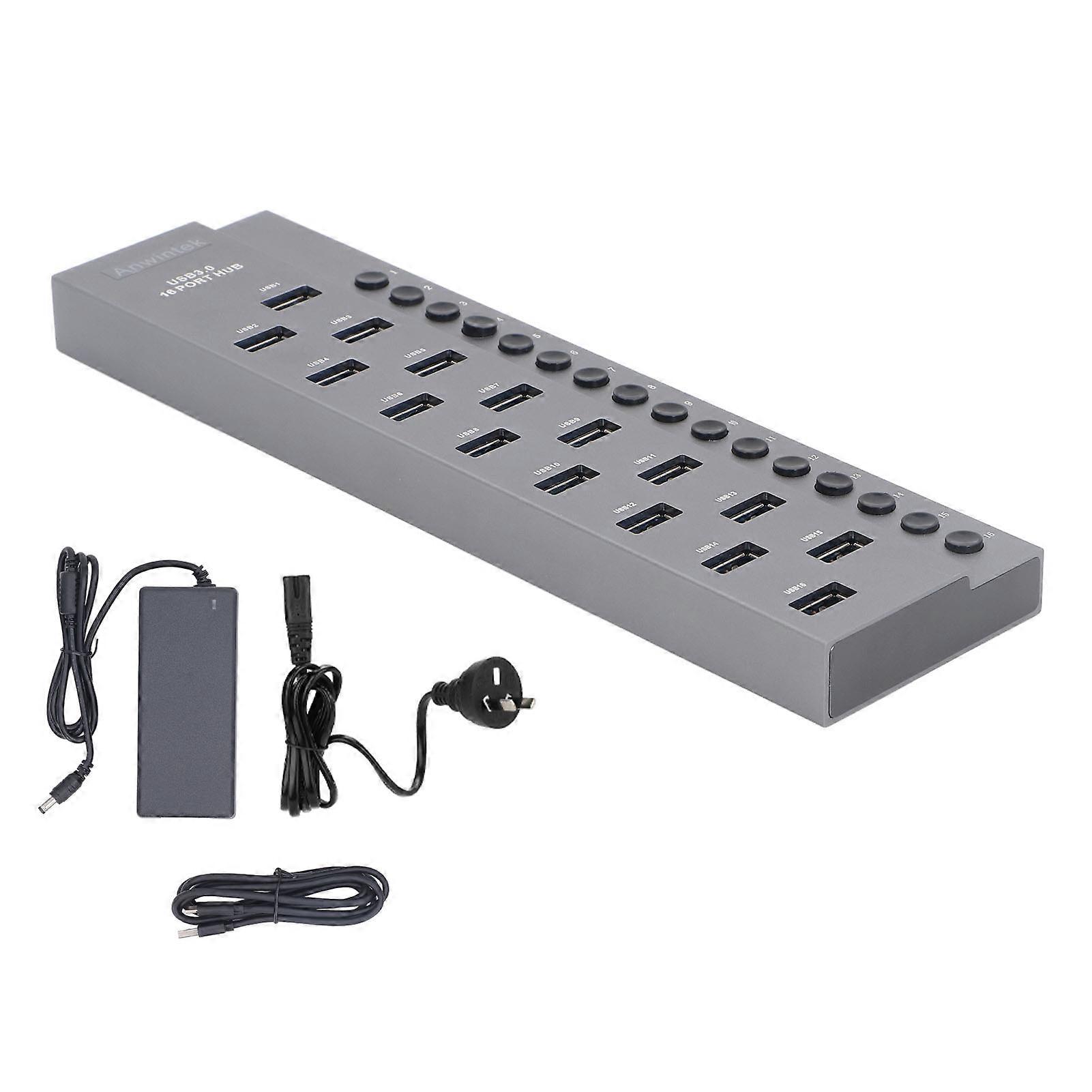 16-Port USB 3.0 Hub, 5Gbps High Speed Transmission, Industrial Aluminum Alloy, with Individual Power Switches, AU Plug 100-240V.