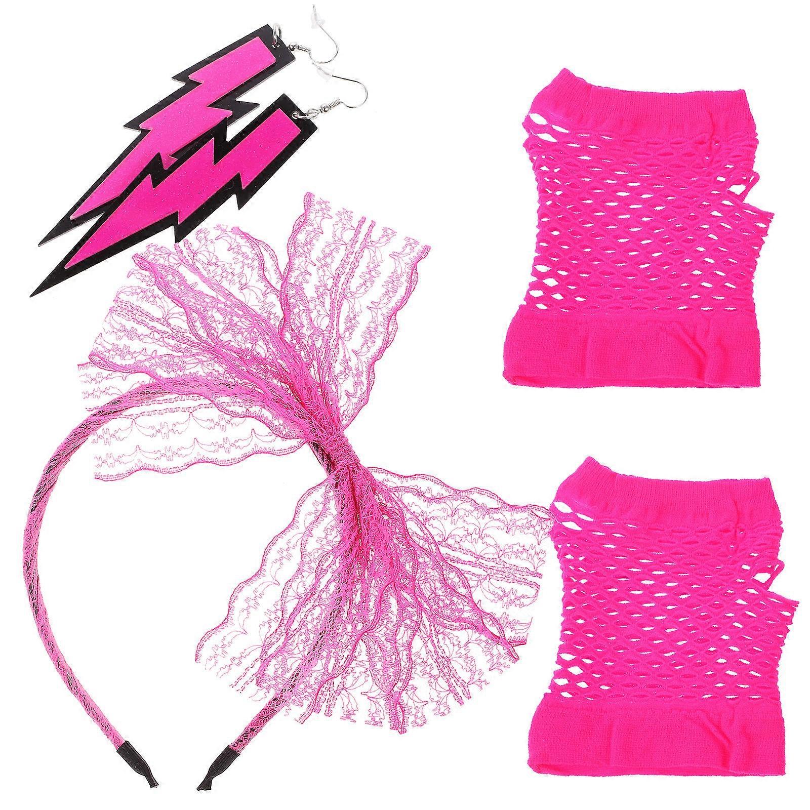 Cosplay Gloves Lace Headband Neon Earrings Fingerless Fishnet Gloves for 80s Party Rosy One Size Fits Most Costume Accessories 1Set