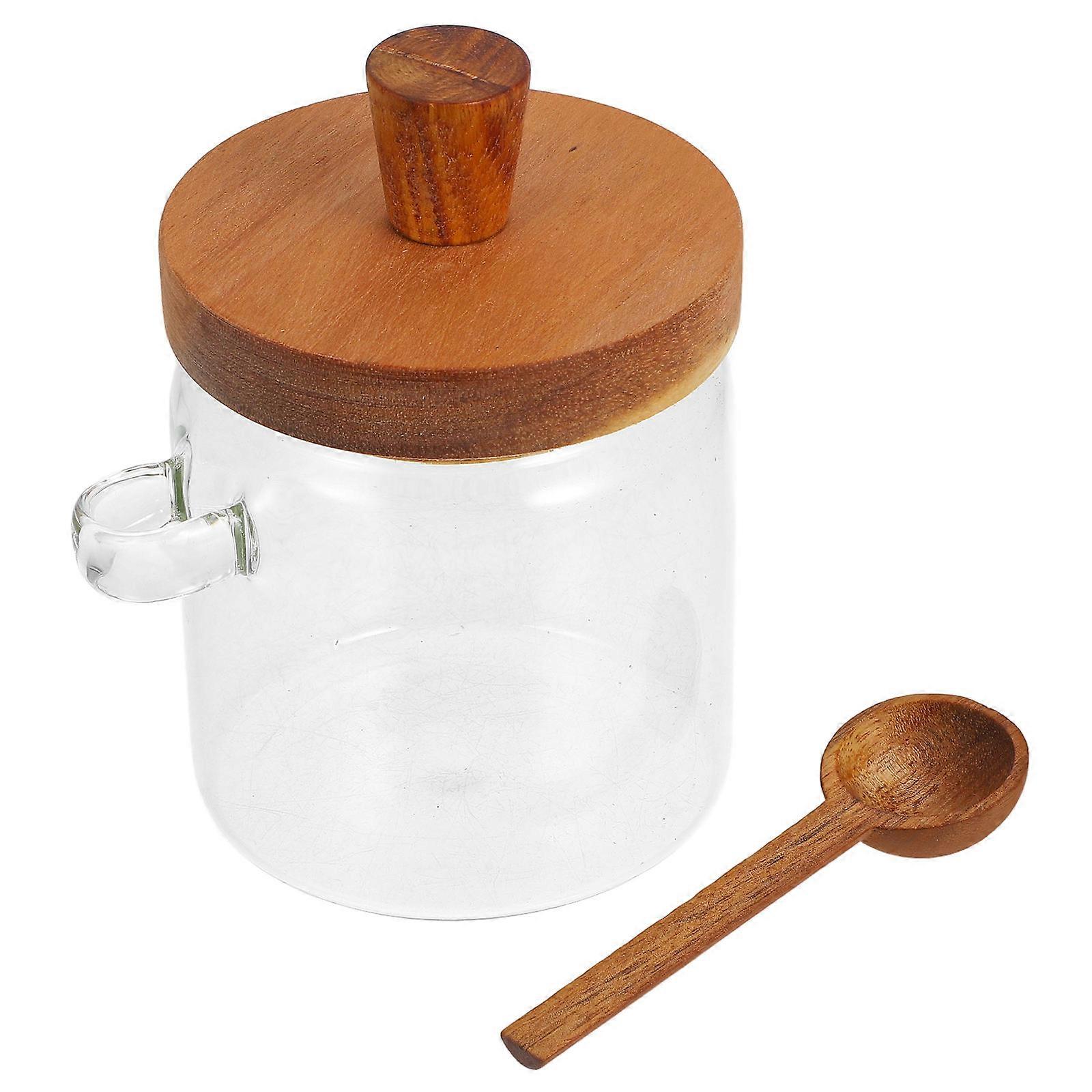 Glass Honey Jar with Wooden Lid and Dipper – Stylish Kitchen Storage Container for Convenient Serving and Home Decor