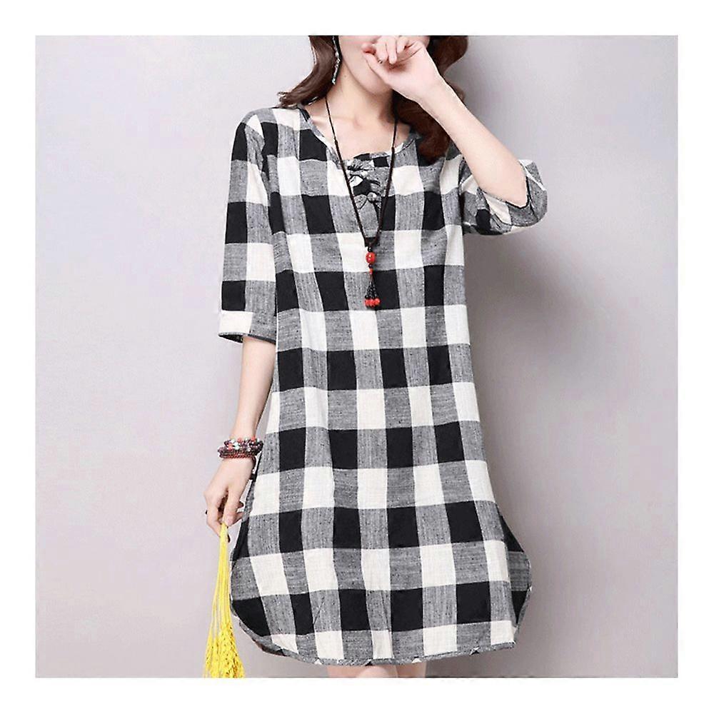 Plus Size Checks Plate Button Cotton&Flax Dress