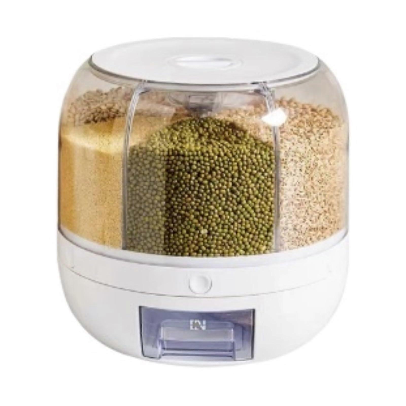Cereal Container Rotatable Grain Dispenser, 6Compartment Holder, Rice And Grain Dispenser, 13 Lbs Capacity, White