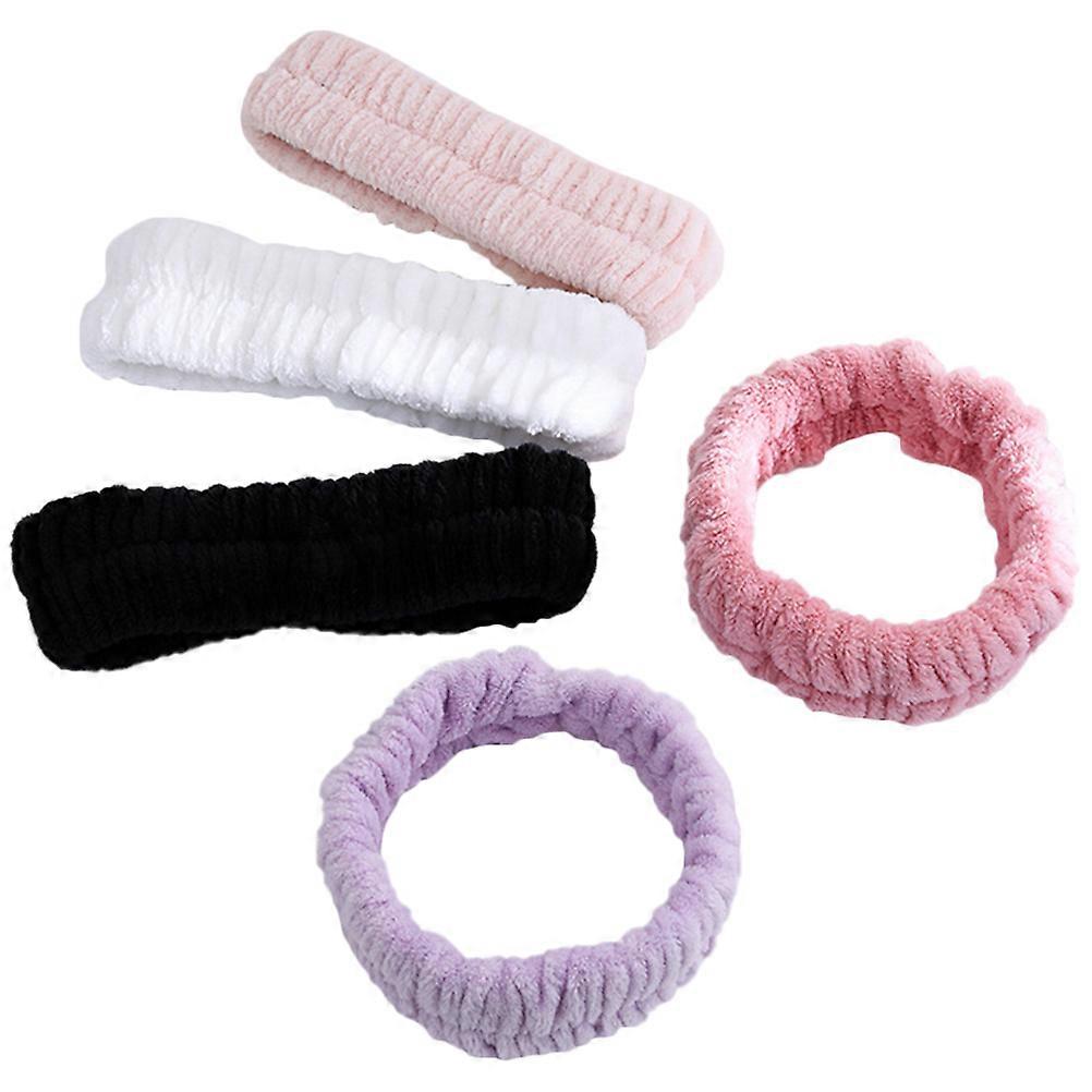 5PCS Soft Elastic Hairbands for Women – Face Washing, Shower, Spa Use – Assorted Colors (White, Pink, Black, Purple) – Keeps Hair Dry