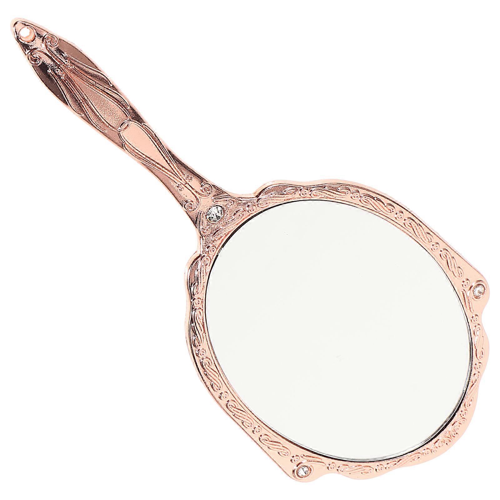 Portable Handle Makeup Mirror Magnifying Feature Metal Glass Round Shape For Ladies Daily Use 1Pcs