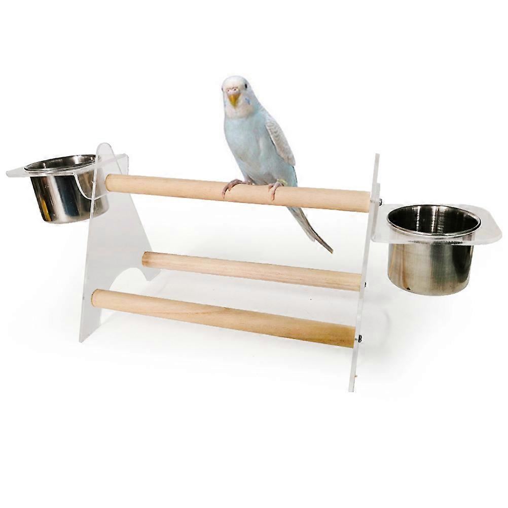 Wooden Tripod Parrot Feeder with 2 Stainless Steel Bowls for Food and Water Multi for Pet Use 7.5 inches