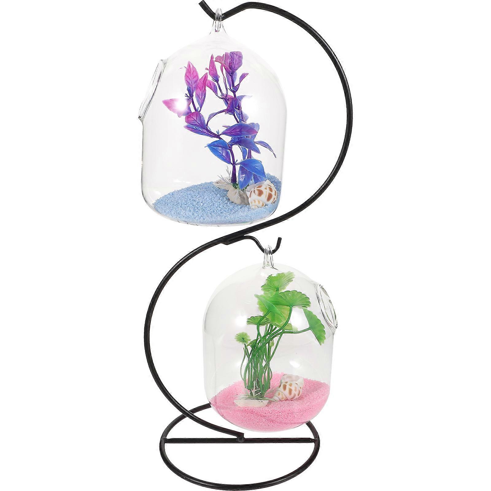 Compact Transparent Hanging Betta Aquarium with Stand, Mini Glass Fish Bowl for Desktop Decoration, Modern Suspended Tank for Goldfish