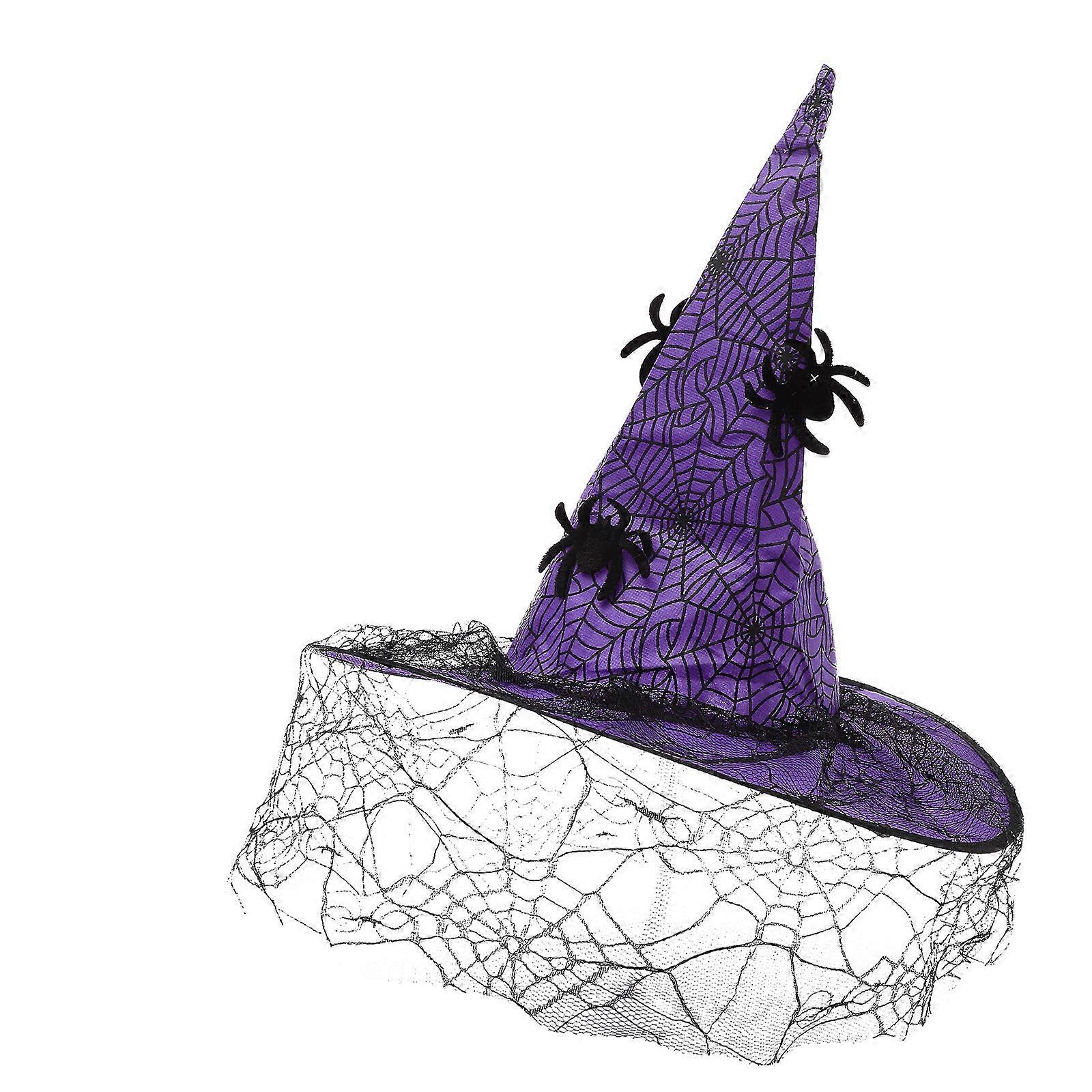 Purple Halloween Witch Hat Costume Accessory For Women With Veil Suitable For Parties 1Pcs