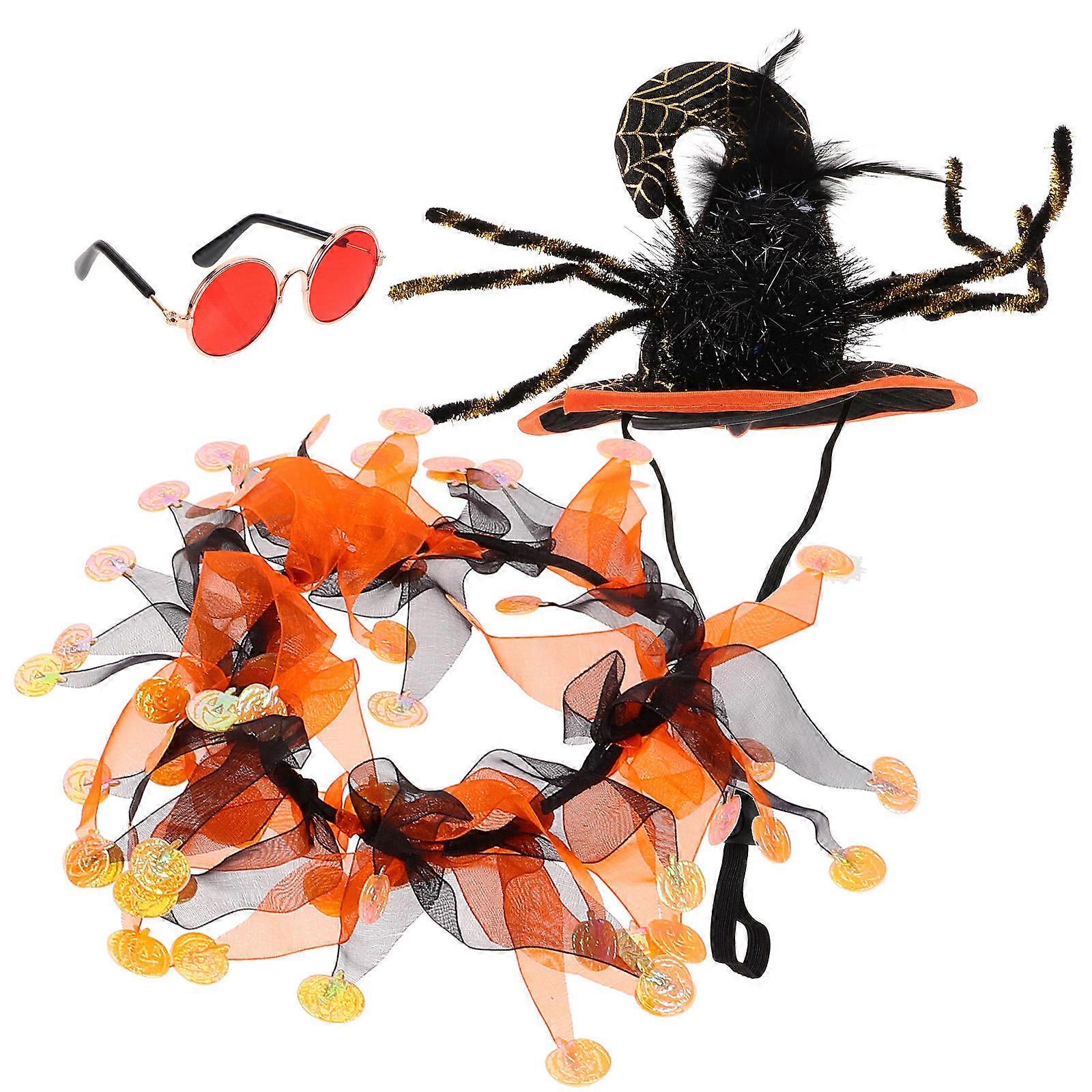 Cute Halloween Cat Collar Set with Hat and Eyeglasses for Pets Crafted from Soft Plush in Assorted Color for Festive Occasions 1 Set
