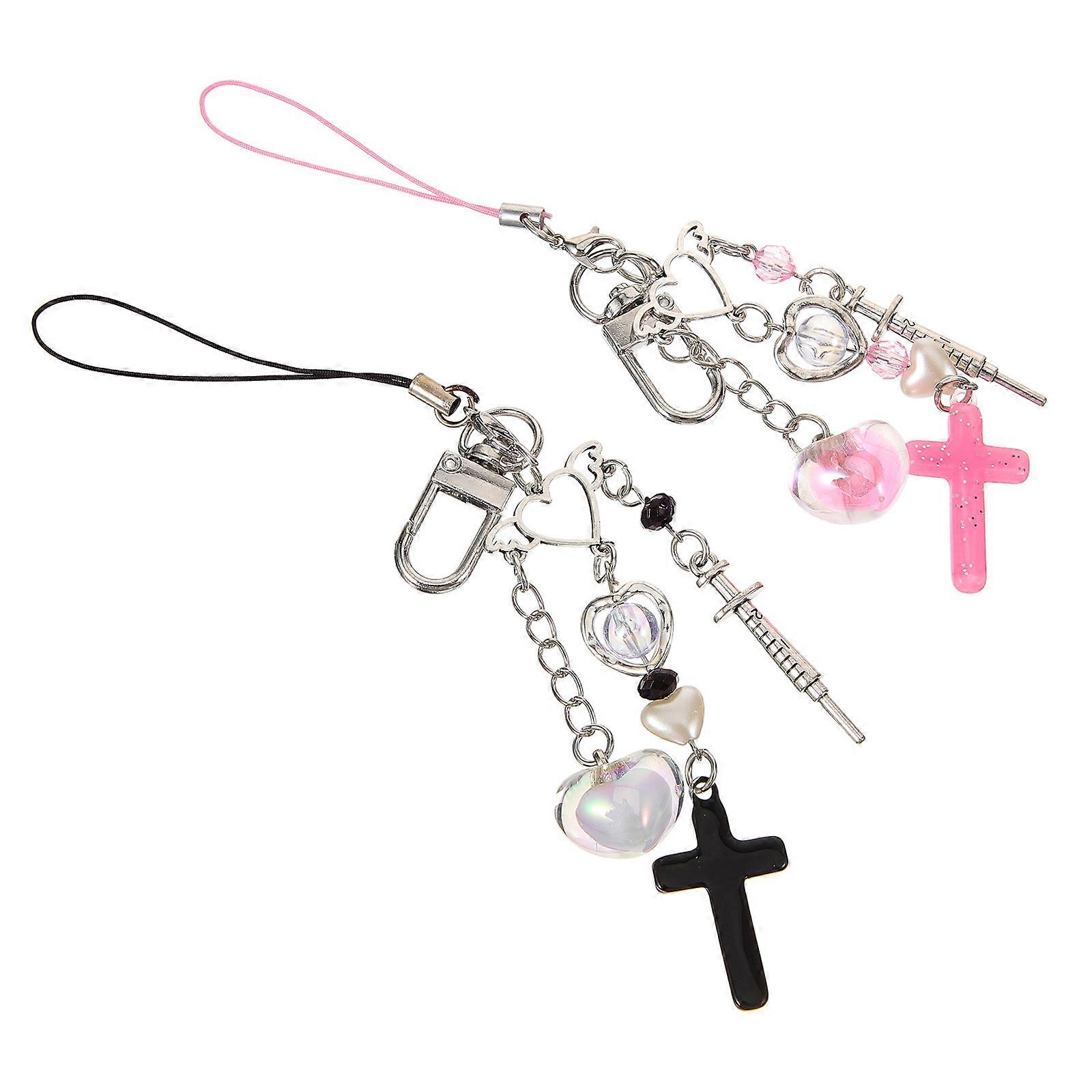 Cute Heart Design Alloy Keychain with Phone Strap Perfect Gift for Decor Assorted Color 2pcs