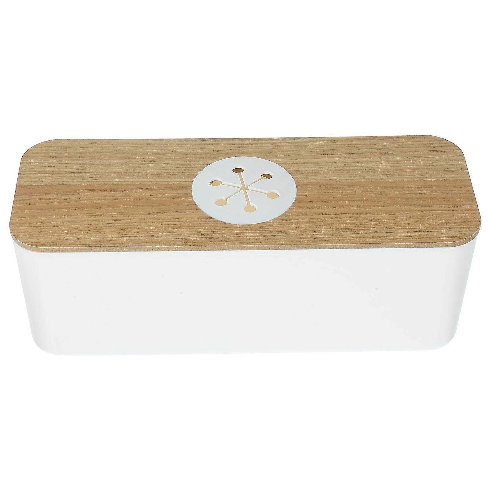 Multifunctional Cable Organizer Box for Home Use White ABS and Wood with Phone Charging Hub 7.5 x 7.5 x 5.5 Inches
