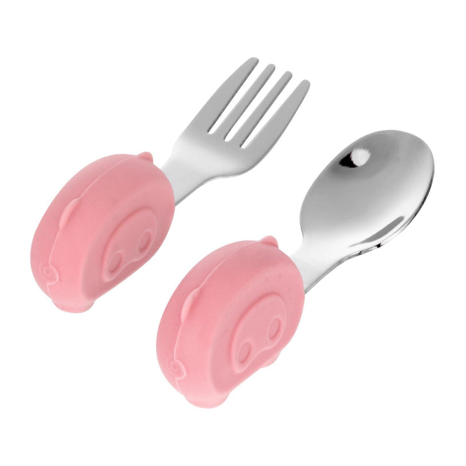 Stainless Steel Fork And Spoon Set Non-Slip Handle Cute Cartoon Design Weaning Utensils Easy Gripping
