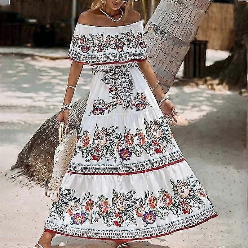 Women's Mexican Off-Shoulder Maxi Dress - Floral Embroidery Fiesta Beach  Dress