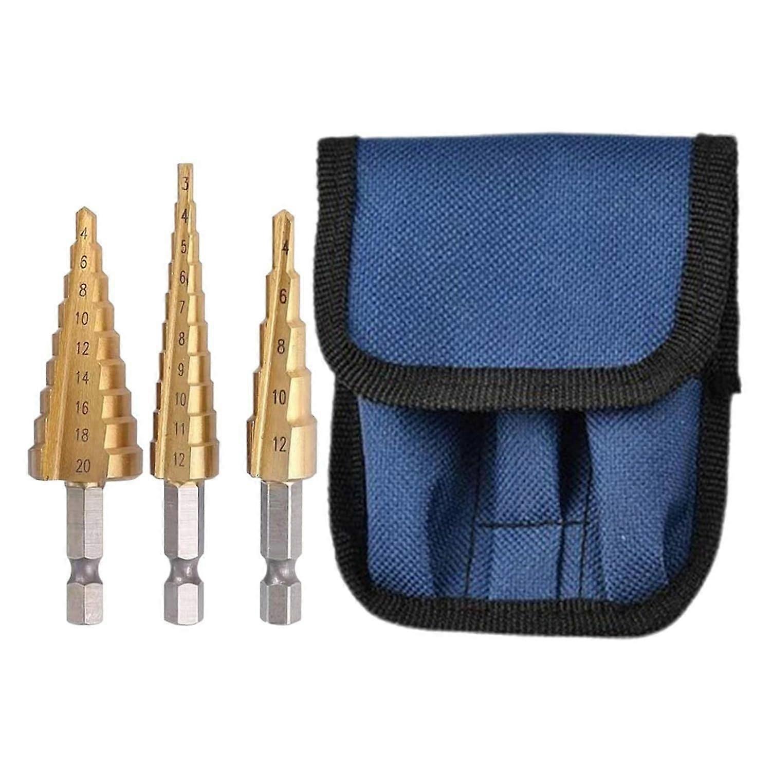 3 Pieces Step Drill Set, Hex Shank HSS Cone Drill, For Metal Wood Plastics, Sizes 3-12 Mm, 4-12 Mm, 4-20 Mm