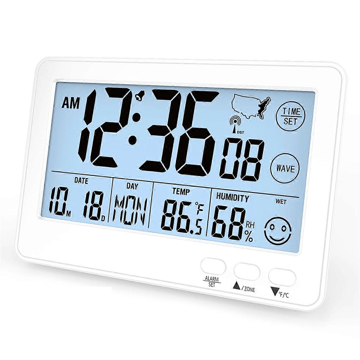 Small Desk Automic Alarm Clock for Bedroom,Self-Calibrating Time and Date Clock with Zone,,Temperature,Humidity