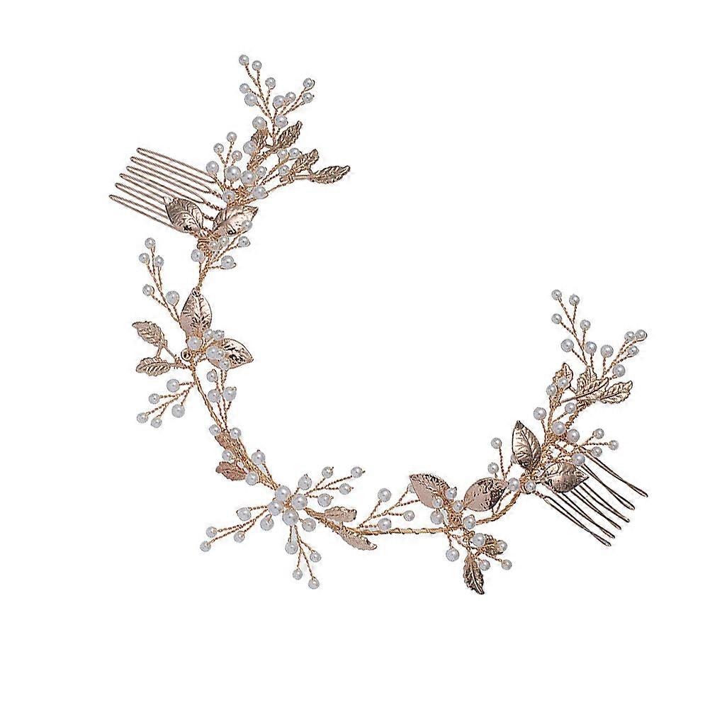 Baroque Hair Comb with Lifelike Leaves and Artificial Pearls for Bridal Decoration Golden Alloy 1 Piece
