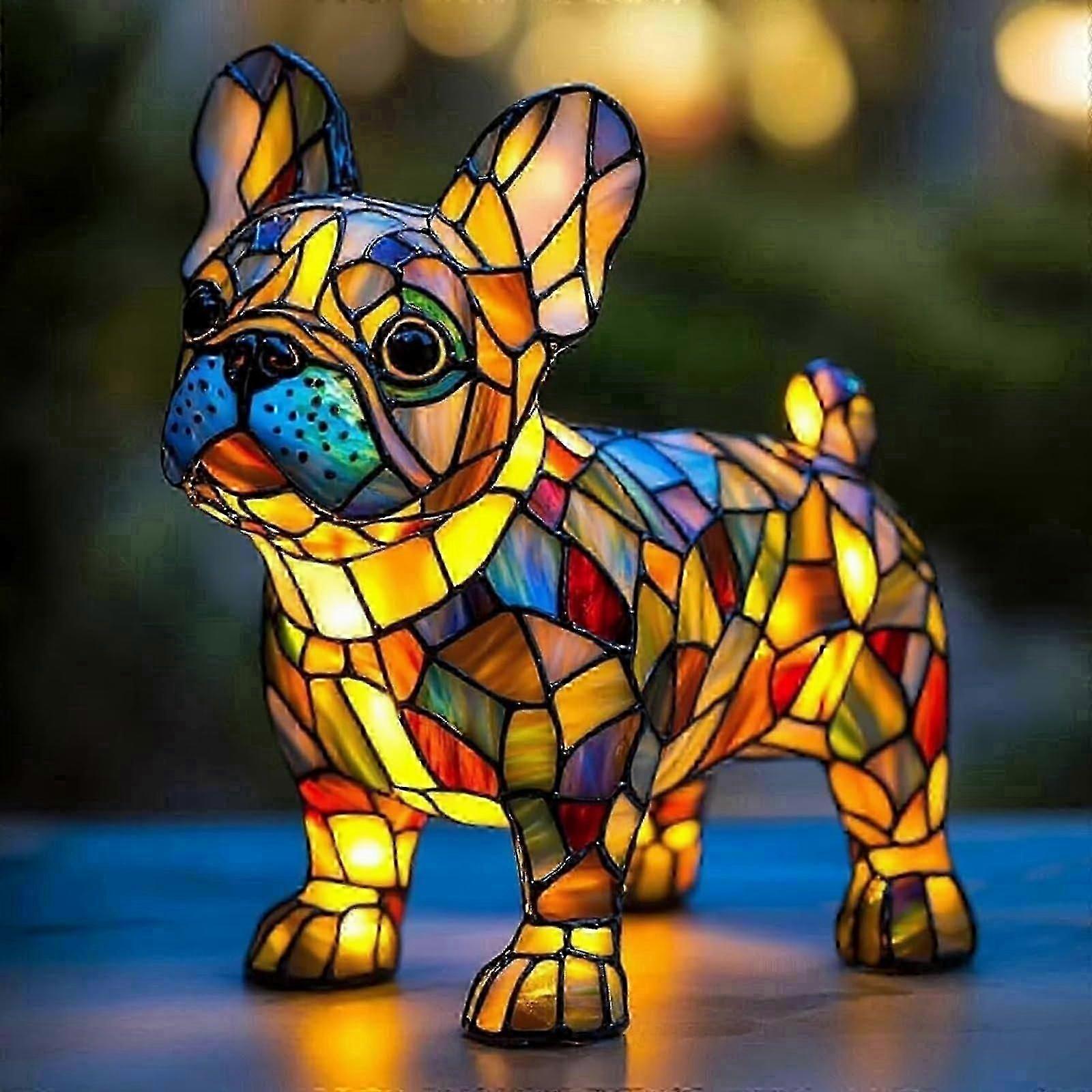 犬用LEDテーブルランプ - ステンドグラスパグナイトライト、フレンチブルドッグ樹脂製デスクランプ、コーギーと犬好きのための楽しいギフト(スタイル)