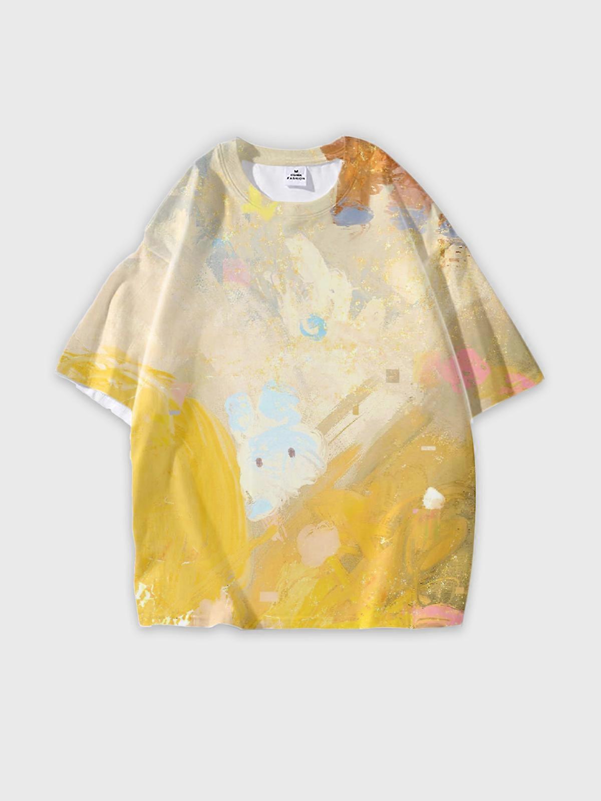 T-Shirt Round Neck, Loose Short Sleeve Pattern Graphic Tee, Unisex Summer Casual Top W2938