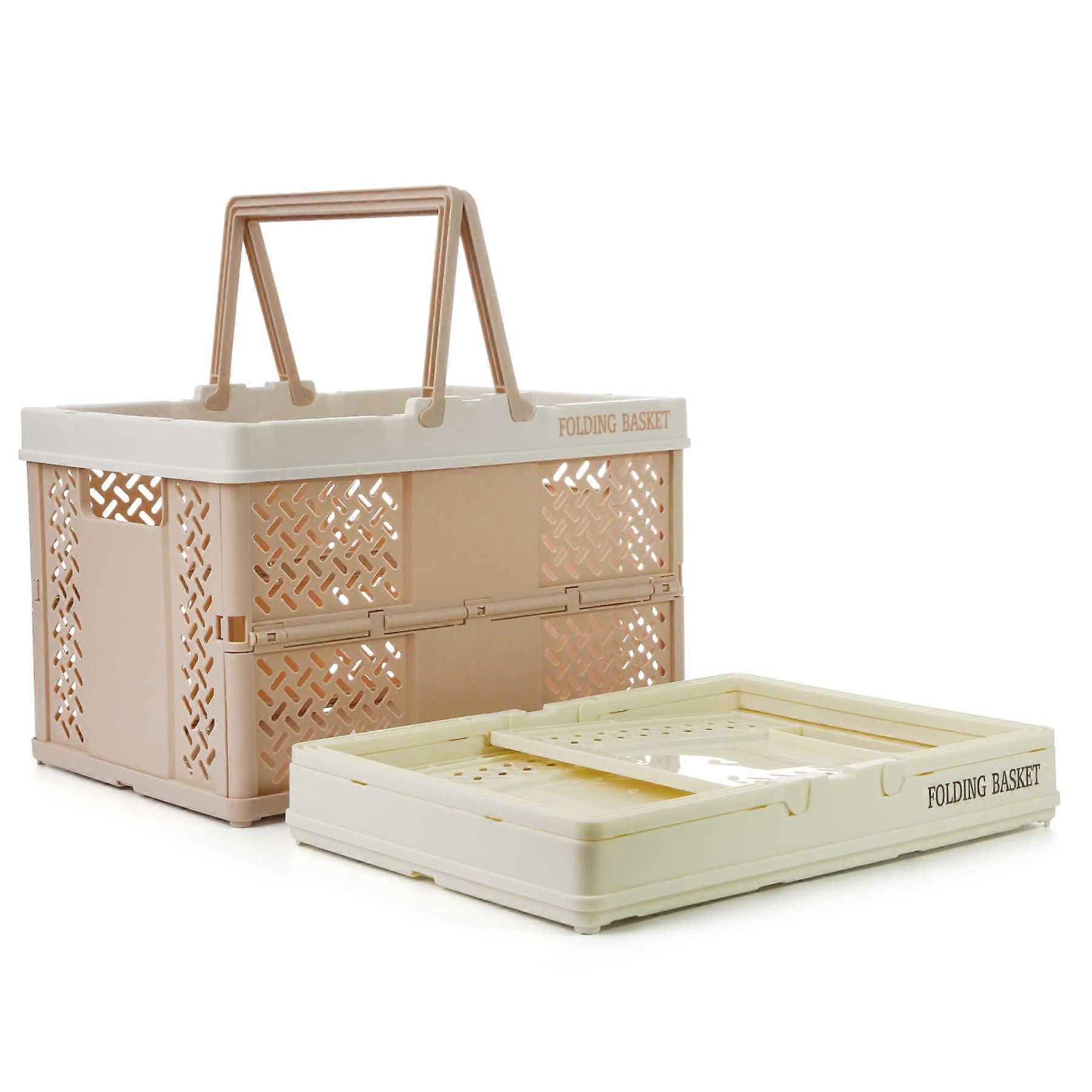 Collapsible Storage Crates 2 Pcs 31x22 cm Plastic Foldable Kids Shopping Baskets With Handles Beige And Light Pink