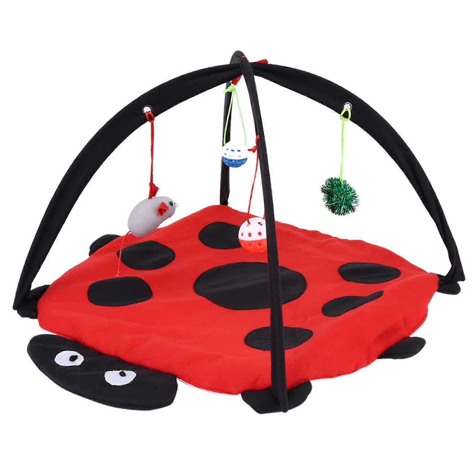 Compact Cat Play Mat Foldable Cat Bed With Hanging Toy Balls Soft Cotton Mat For Big And Tiny Kittens 55x55x35cm RedBlack
