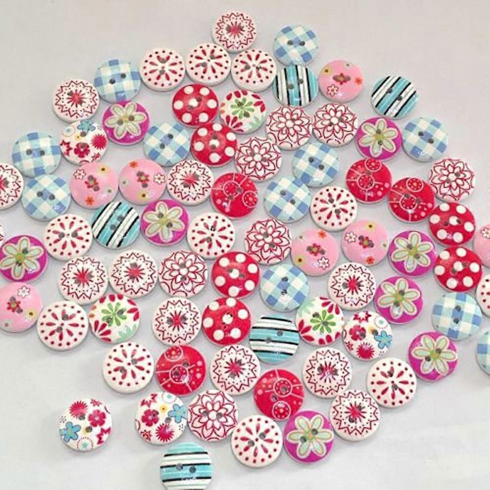 Zynic 1 Pack (100 Pieces) Of Beautiful Printed Buttons 15mm Pattern 100Pcs Printing Scrapbooking Mixed Round Holes Wood Buttons 2 Home DIY