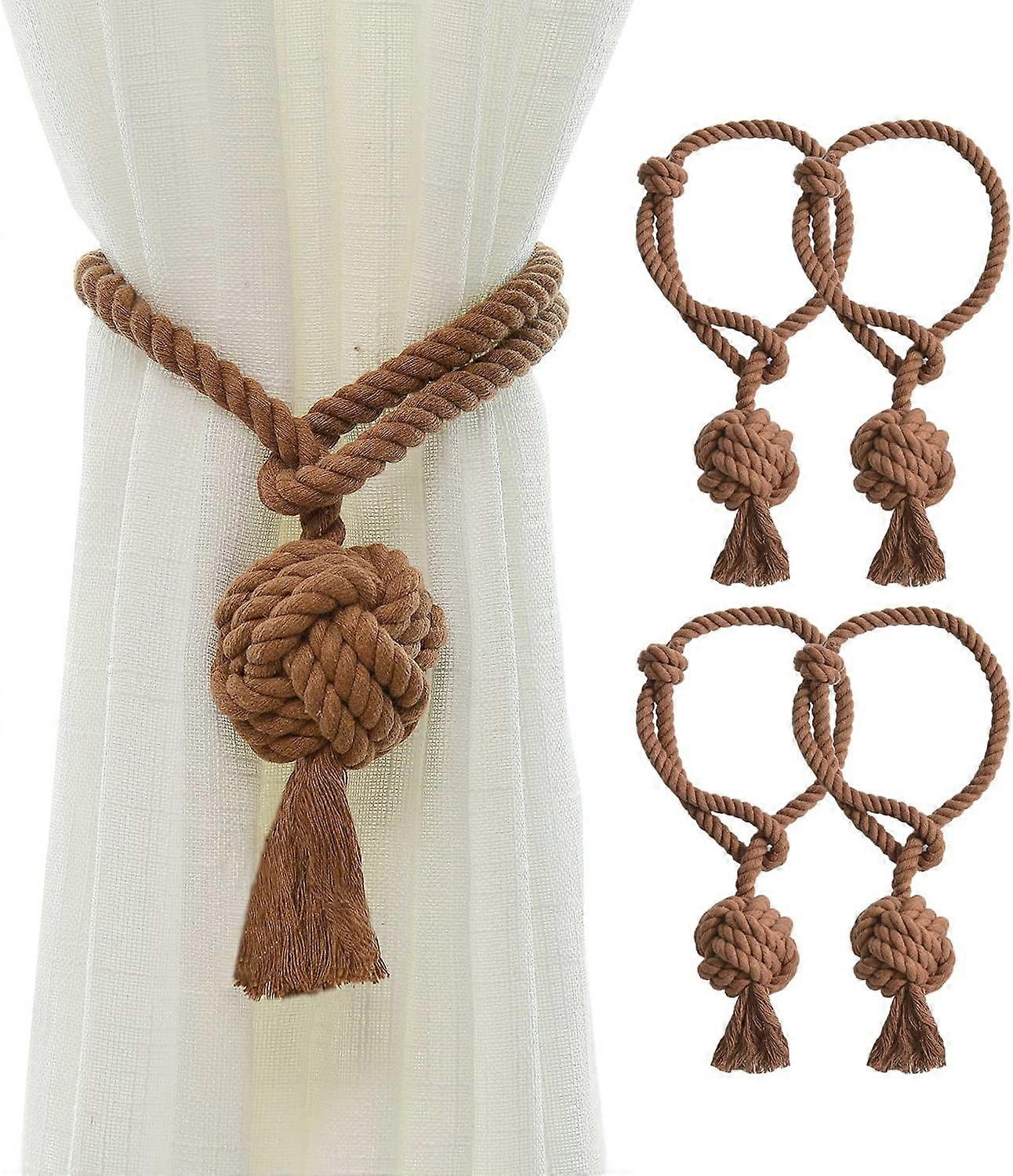NANAHuang 4 Pack Rustic Curtain Tiebacks - Decorative Drapery Holdbacks, Hand Knitted Cotton Rope for Sheer & Blackout Curtains, Beige