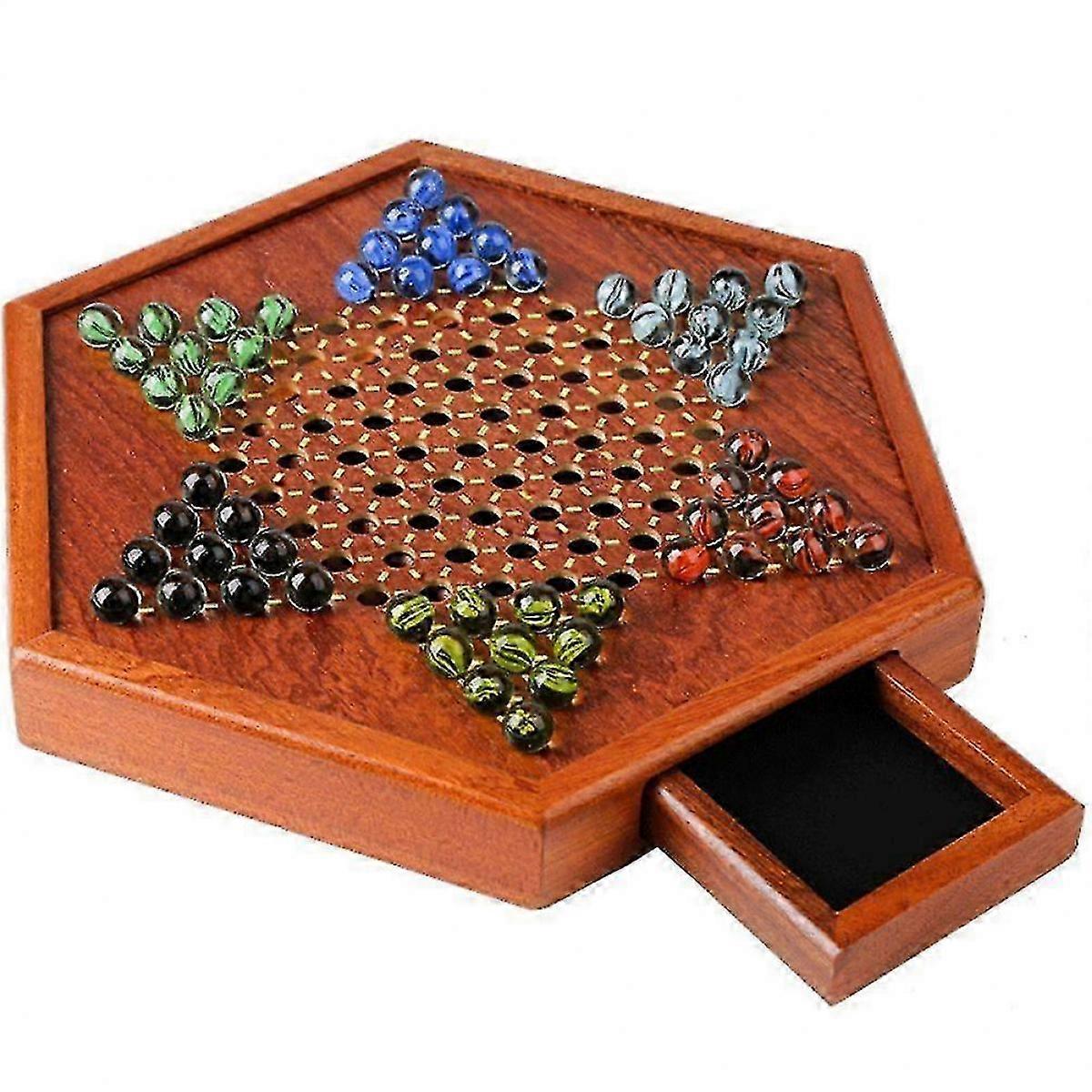Portable Chinese Checkers Board Game with Marbles Wooden Board Game Hexagonal Chinese Checkers Family Game Set Drawer Storage
