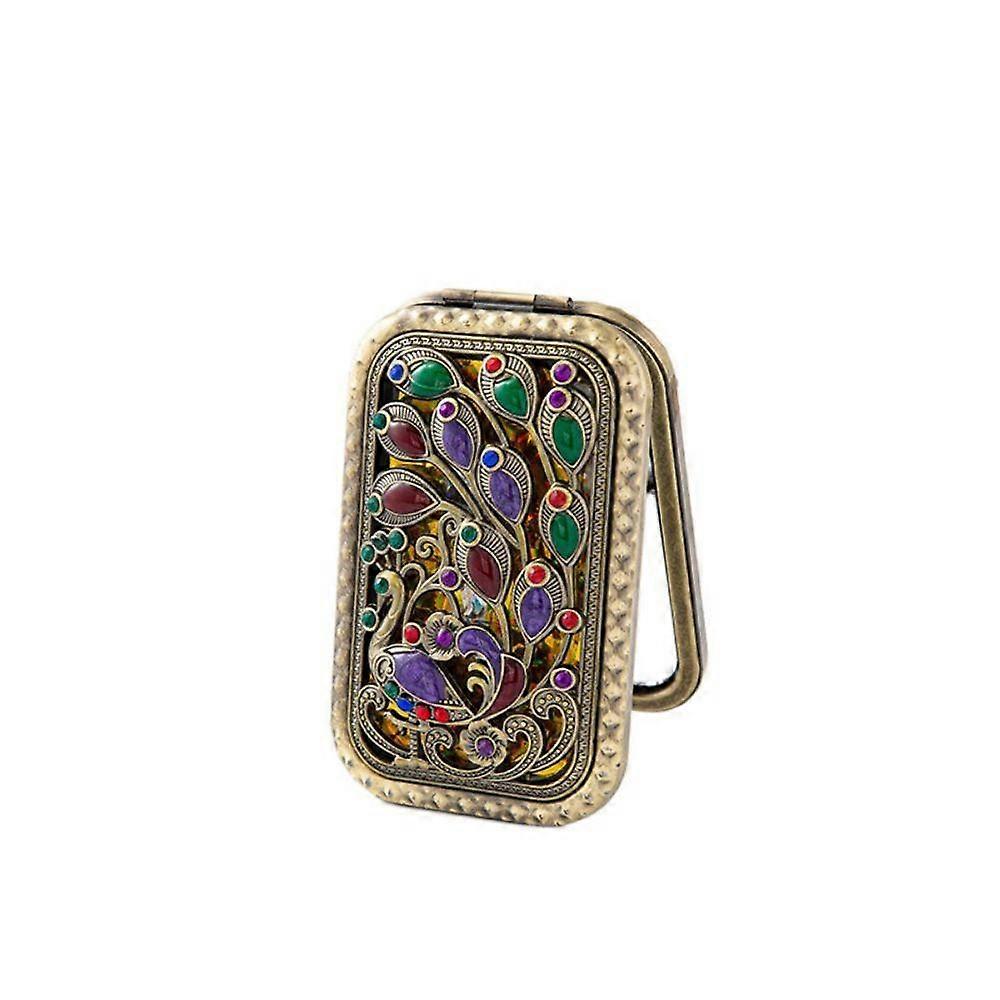 Rectangular Retro Small Mirror Peacock Open Screen Foldable Cosmetic Mirror