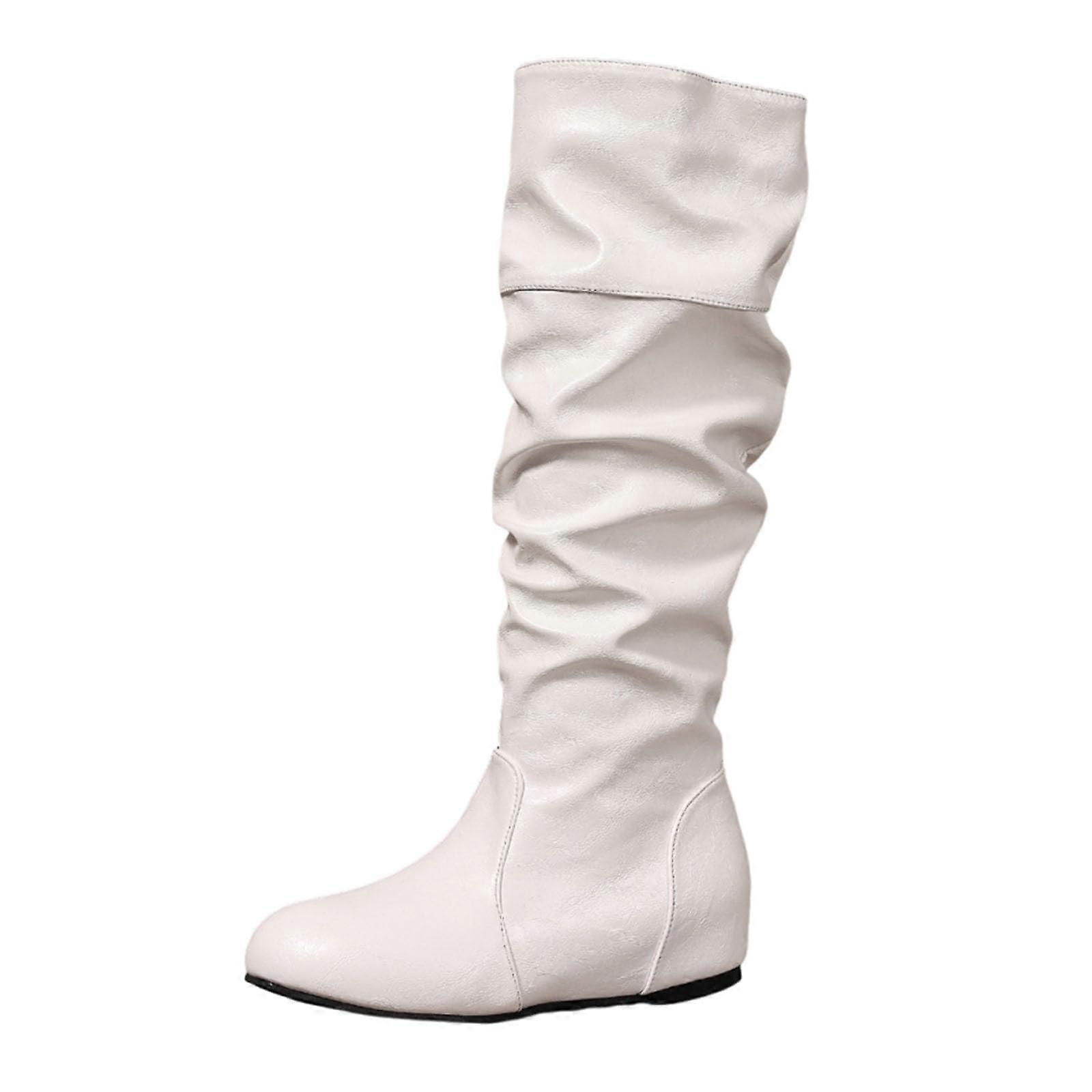 Knee  Boots Women Flat Heel Comfortable Walking Booties Pleated Solid Color Pull On White UK 7