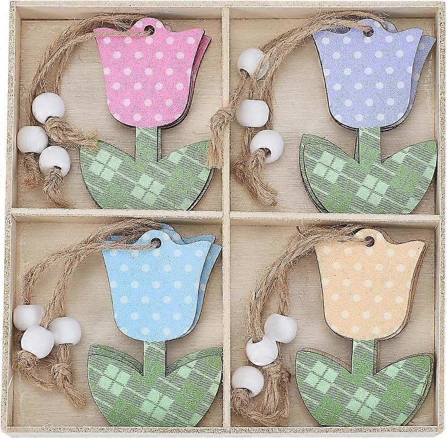12Pcs Tulip Hanging Ornaments Wooden Flower Hanging with String Colorful Spring Summer Floral Dangle Small Craft Ornament for Tree Home Room Window Mo