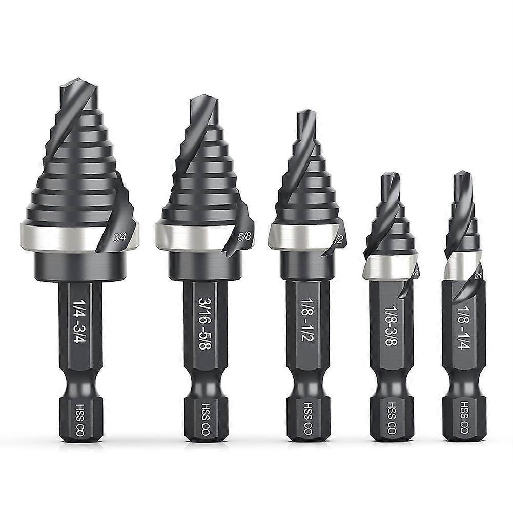 M35 Cobalt Spiral Flute Step Drill Bit Set, 5 Pcs Single Size HSS Step Bits (1/8"-3/4"), with 1/4" Shank Step Bits