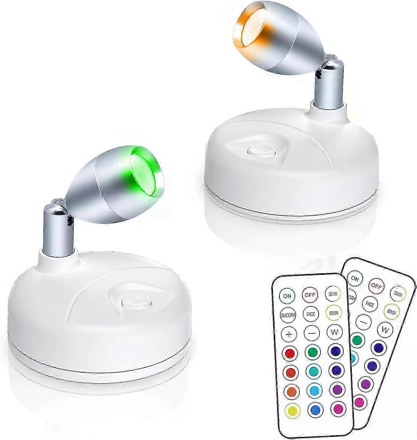 2pcs Small Spotlight, Battery Operated RGB LED Accent Light with Remote Control, Wireless Dimmable Timer, Rotatable Head
