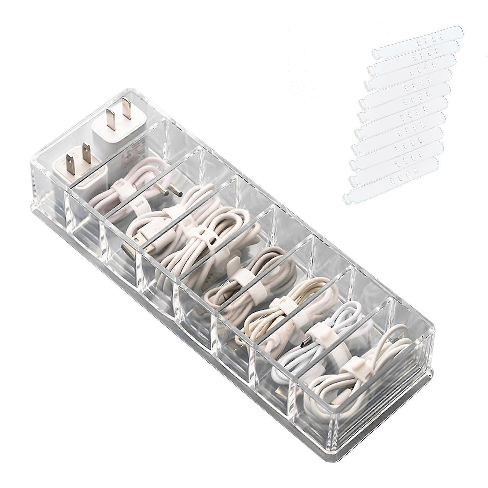 Large Capacity Transparent Cable Organizer Box with Multi Compartments and 10 Ties for Home Office