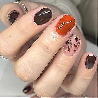 Short Square Press On Nails Dark Brown Glitter Glossy Acrylic Fake Nails with Glue 24Pcs