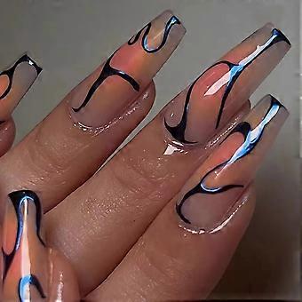 Long Coffin Press on Nails Ombre Fake Nails Blue Swirl Glue on Nails Shiny Ballerina Acrylic Nails 24Pcs Manicure Stick on Nails for Women and Girls