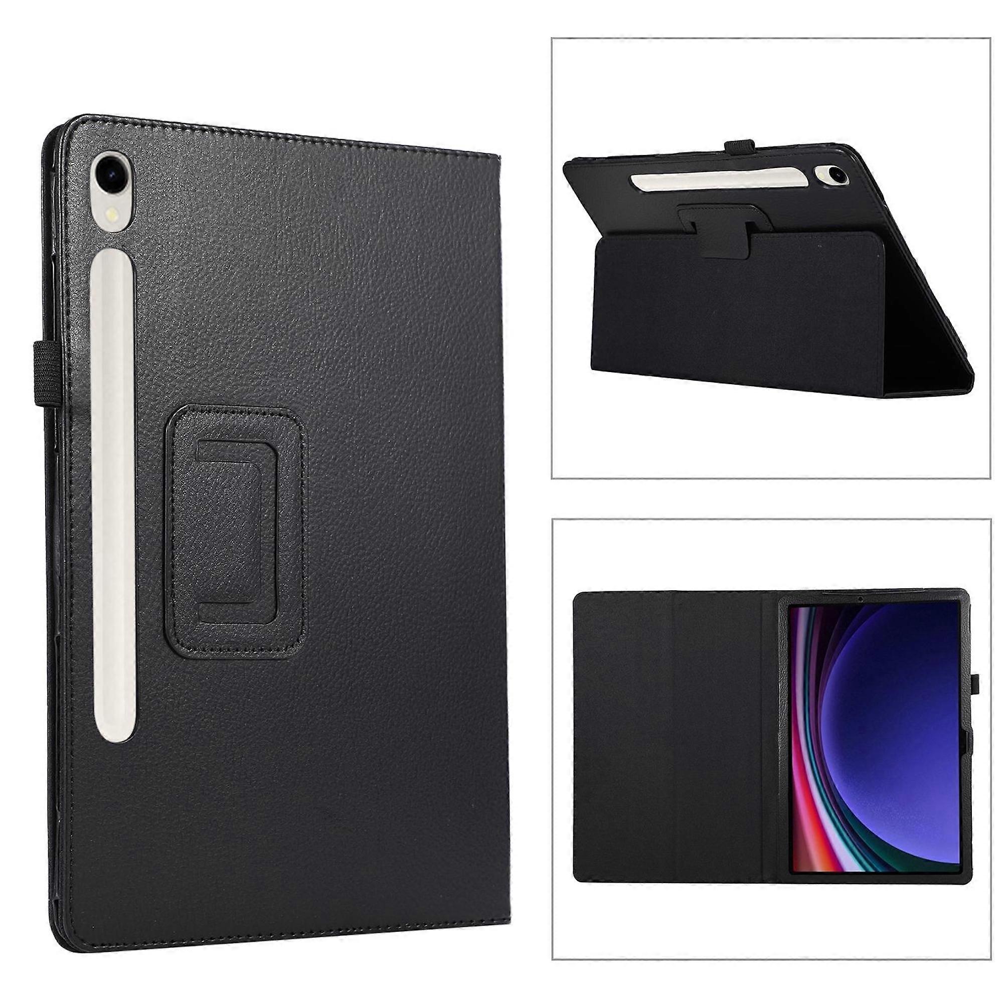 Faux leather case for Samsung Galaxy Tab S11 with lychee texture & holder, black