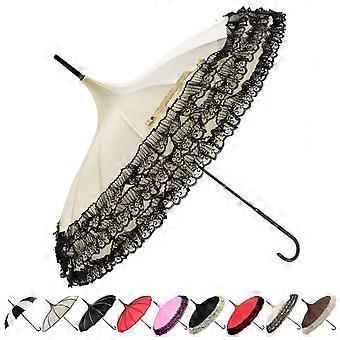 Women's Umbrella White Lace Pagoda Sunproof Parasol with Elegant Long Handle and WaterResistant Fabric