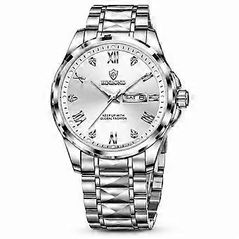 BINBOND Men's Quartz Watch White Steel Bracelet Dual Calendar Waterproof Fashion Wristwatch JY