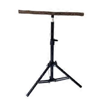 Suporte de treinamento interativo para papagaios, com design de tripé ajustável e poleiro de madeira, ideal para o treinamento de aves e para que elas possam se exercitar.
