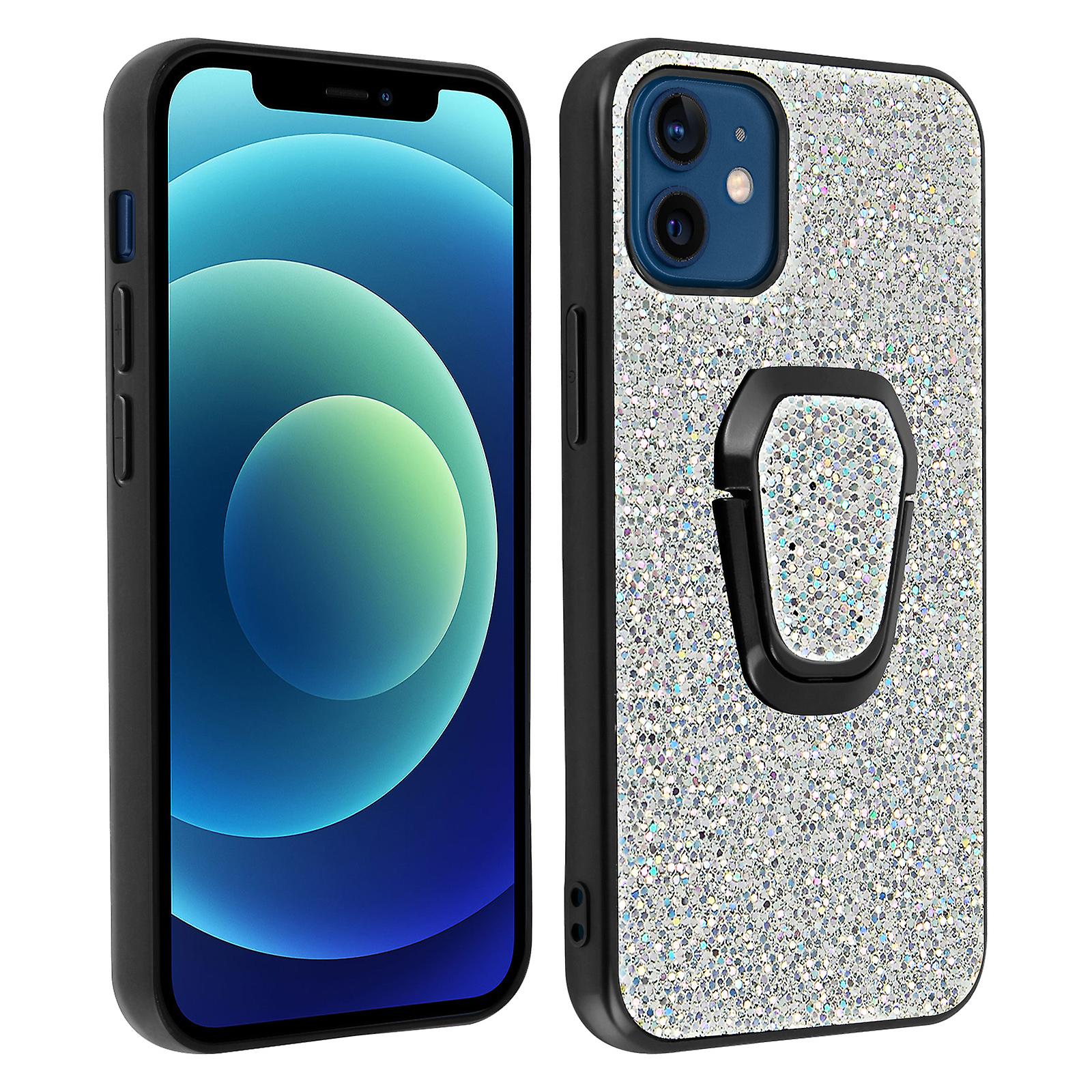 Coque iPhone 12 Mini Paillettée Bi-matière Bague de maintien Sur-mesure - Argent