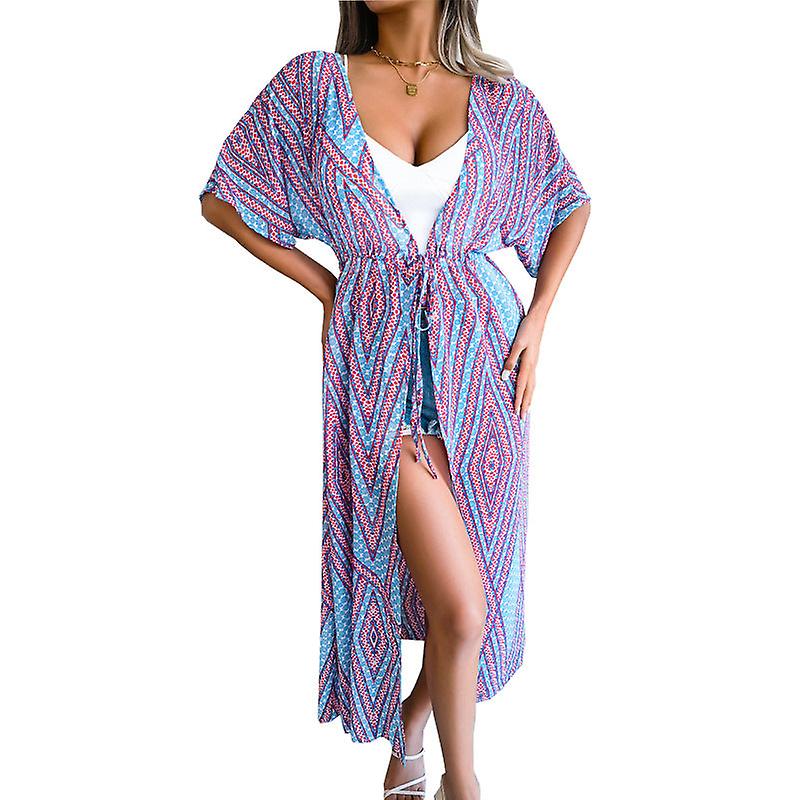 Kvinnor Sommarklänning 2022 Semesterstil Casual Snörning Tryckt Chiffong Cardigan Lång Soltät Slitage Strand Strand Strand