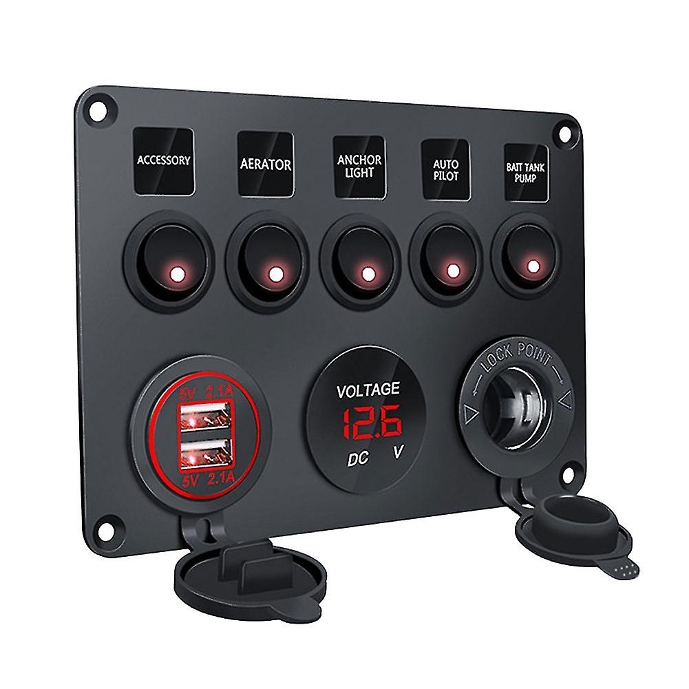 5 Gang 12V LED Light Switch Control Panel Camper Van Voltmeter 2 USB Charger Circuit Control LED On 