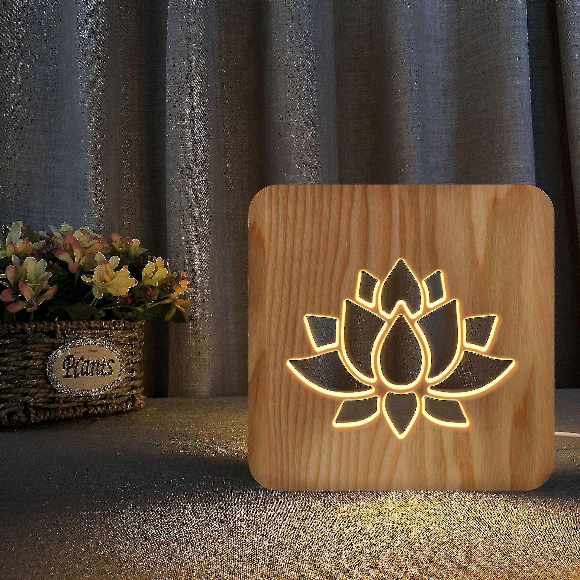 Light Bulb Night Light Lotus Wood 3d Light Creative Wood Light Simple Decorative Light 3d Wood Carving Pattern Led Night Light Desktop