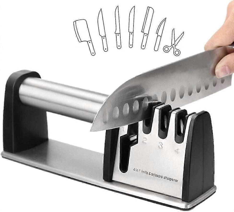 Professional Knife Sharpener, 4-in-1 Kitchen Sharpener Manual Knife and Scissor Sharpener, Tungsten Steel Diamond and Ceramic Rod Sharpening System, N