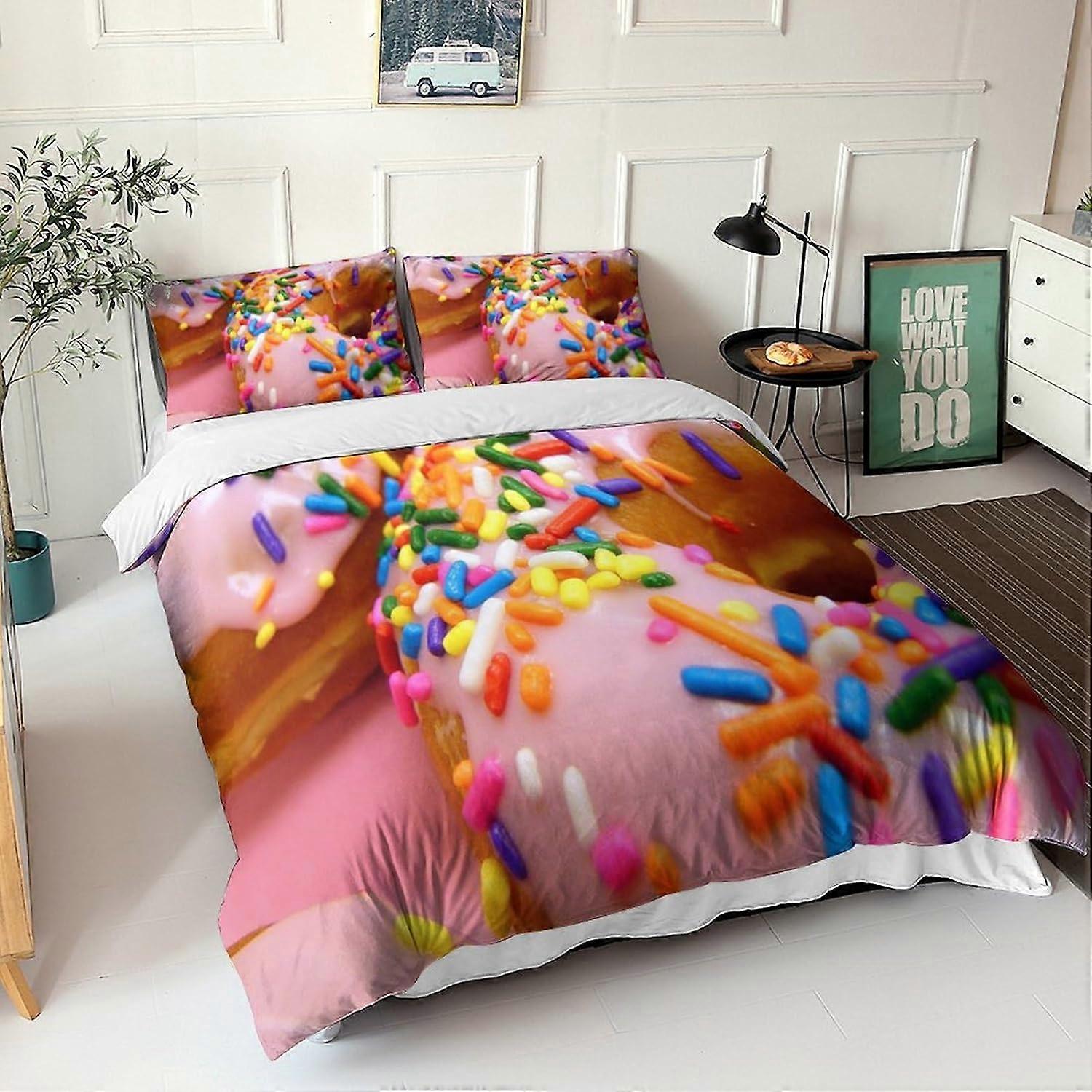 Donuts Duvet CoverPiece Sets D Colorful Print Microfiber Bedding Set with Pillowcase with Zipper Closure for Adults and Children Double 135*200 CM