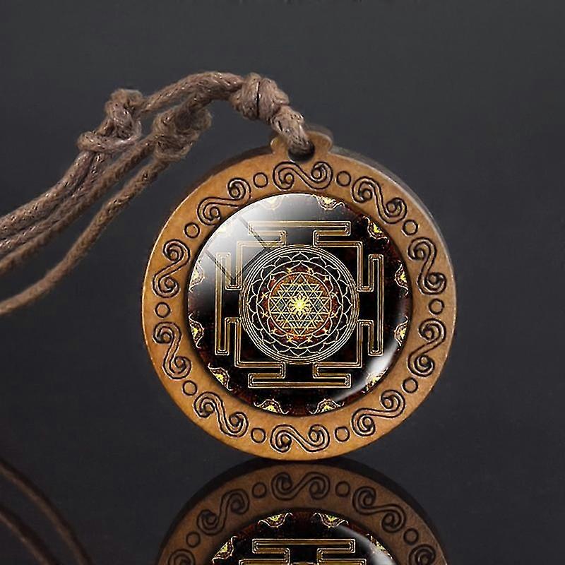 سري يانترا ماندالا زجاج قلادة الخشب قلادة البوذية الهندسة المقدسة مجوهرات هدية اليوغا الروحية