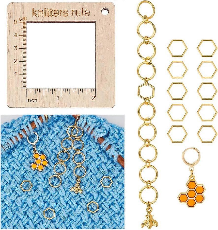 Wood Knitting Gauge Ruler Set Includes 1Pcs Density Ruler 1Pcs Bee Knitting Chains and 10Pcs Alloy Rings for Spinners Yarn Measuring Tools Crochet Acc