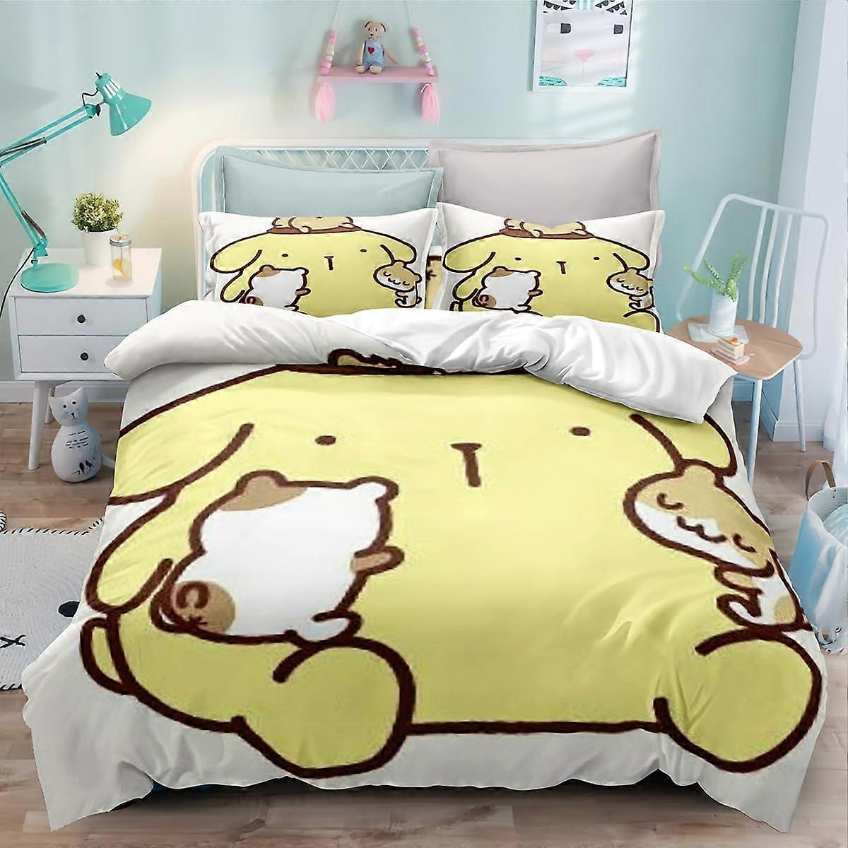 i52 Conjunto de Capa de Edredom de Desenho Animado, Conjunto de Cama de Anime, Conjunto de Capa de Edredom de 3 Peças Pompompurin para Adolescentes Meninos e Meninas, 1 Capa de Edredom e 2 Fronhas (Sem Colcha) j