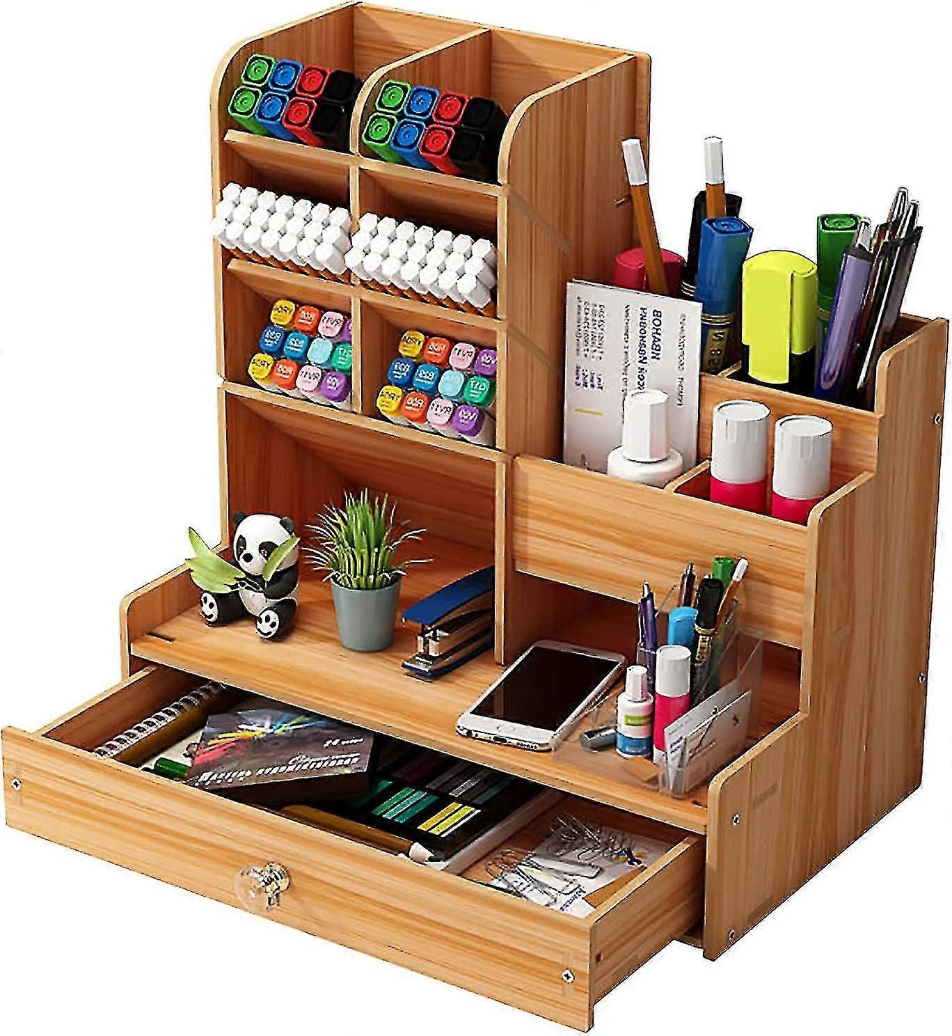 Wooden Desk Organiser Diy Desktop Tidy Pen Holder Large Capacity Stationery Storage Box With Drawer For Home, Office And School (b17 Cherry Color)