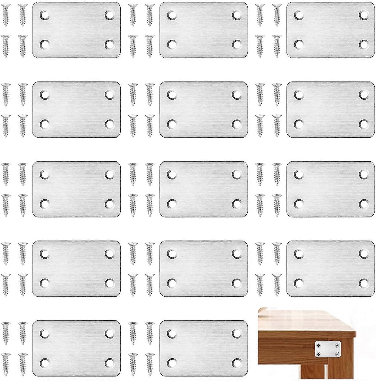 Flat Fixing Bracket, 15 Pcs,for Fixing Furniture Storage Boards and Wood, Stainless Steel Flat Connectors Uses Rectangular Design (with 60 Screws)