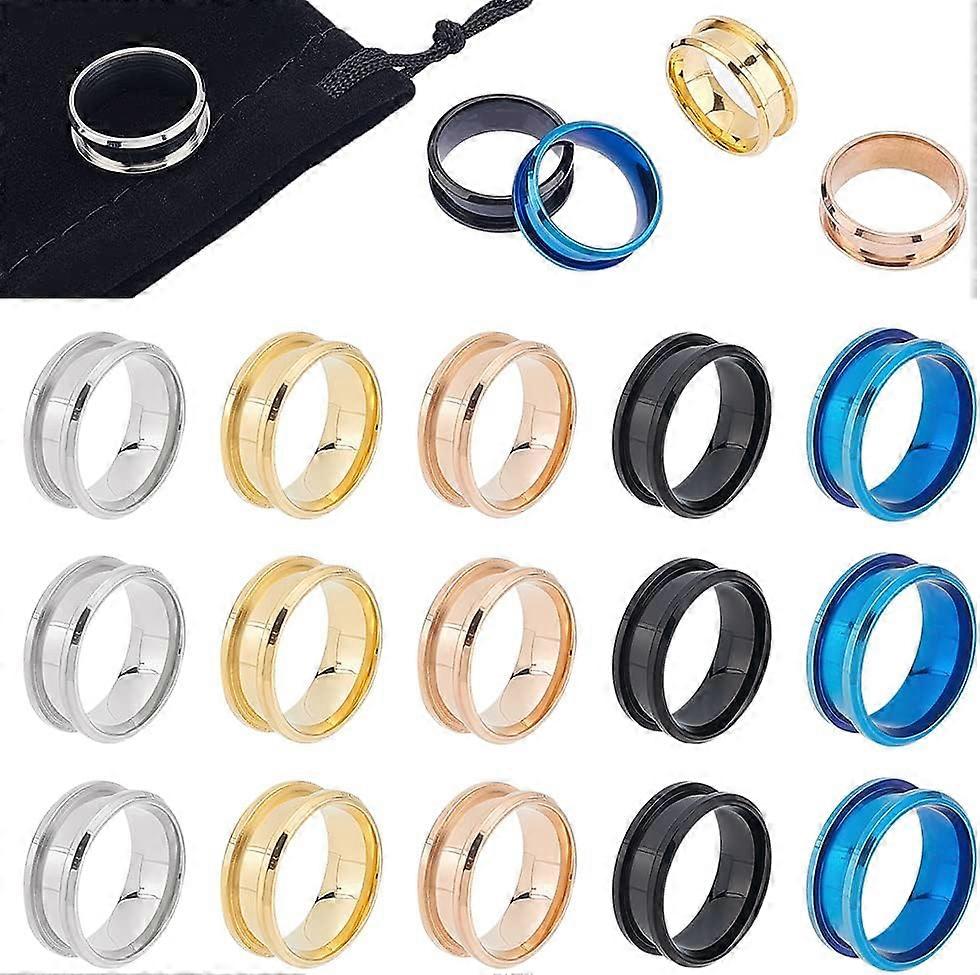 20pcs 5 Colors Blank Core Ring Size 7 Stainless Steel Grooved Finger Ring for Inlay Round Empty Ring Blanks with Velvet Pouches for Jewelry Making